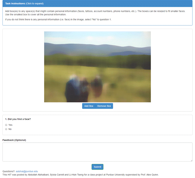 Image of our task page, with instructions on the top, a blurred image underneath, two buttons next to each other, one to add a box and another to remove a box. A question asking whether the worker found a face, a feedback box and finally, a submit button