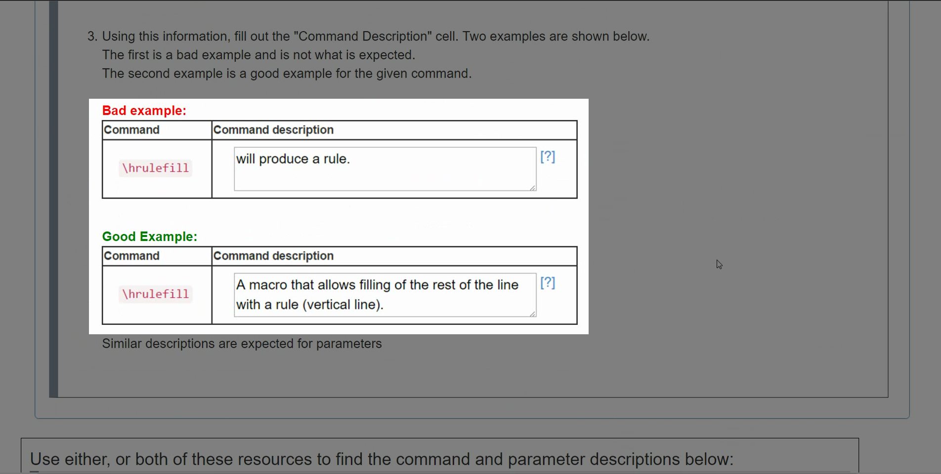 Examples of how the descriptions for commands should be written